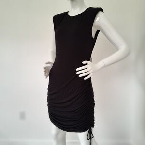 Express Gathered Drawstring Sides Ruched Black T Shirt Dress Shoulder Pads Club